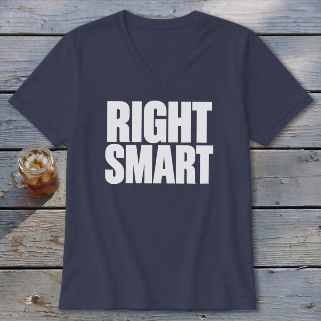 Navy v-neck t-shirt with white text "RIGHT SMART" and a glass of iced tea.