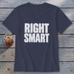 Navy v-neck t-shirt with white text "RIGHT SMART" and a glass of iced tea.