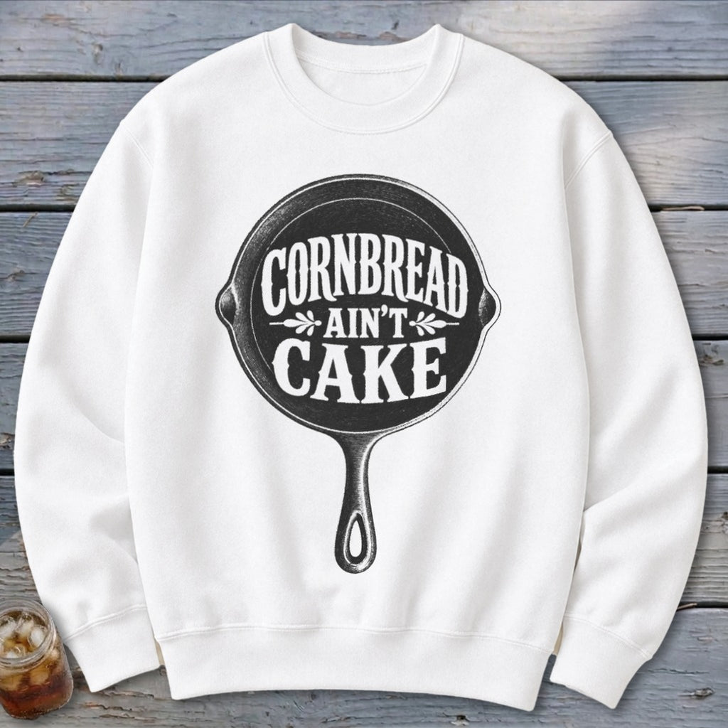 White sweatshirt with "Cornbread Ain't Cake" text inside a cast iron skillet graphic.