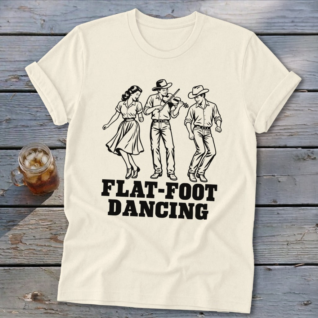 Cream t-shirt with black line art of three dancers and "FLAT-FOOT DANCING" text.