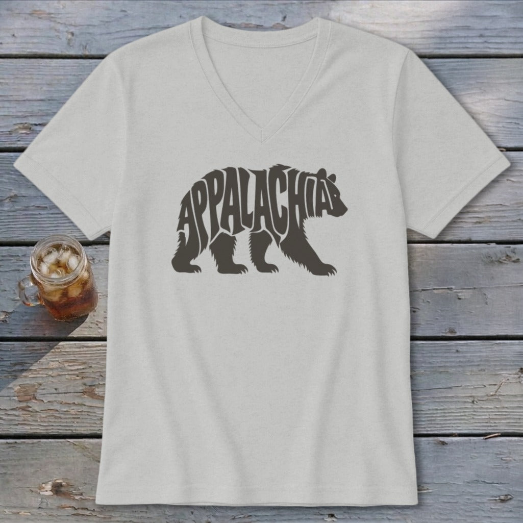 Light gray V-neck t-shirt featuring a dark graphic of a walking bear containing the text Appalachia.
