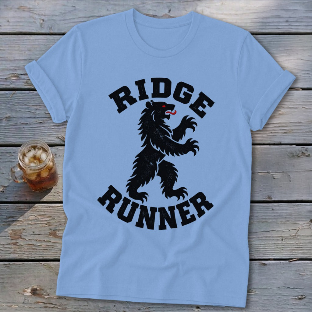 Light blue t-shirt with a black bear graphic and "RIDGE RUNNER" text.