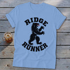 Light blue t-shirt with a black bear graphic and "RIDGE RUNNER" text.