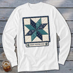 White long-sleeved shirt with an eight-pointed star quilt design and text.