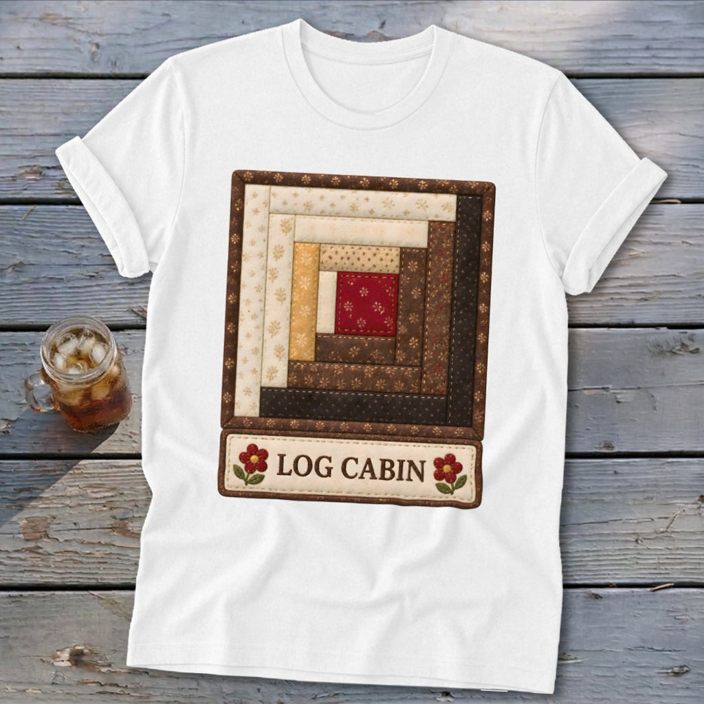 White t-shirt with a log cabin quilt square design and "LOG CABIN" text.