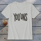 Light gray v-neck t-shirt with "YOU'UNS" text and a drink in a mason jar.