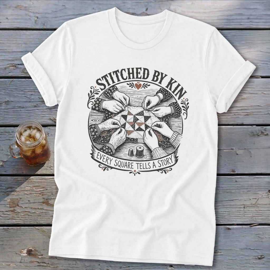 White t-shirt with graphic of hands quilting with text "Stitched By Kin" and "Every Square Tells A Story".