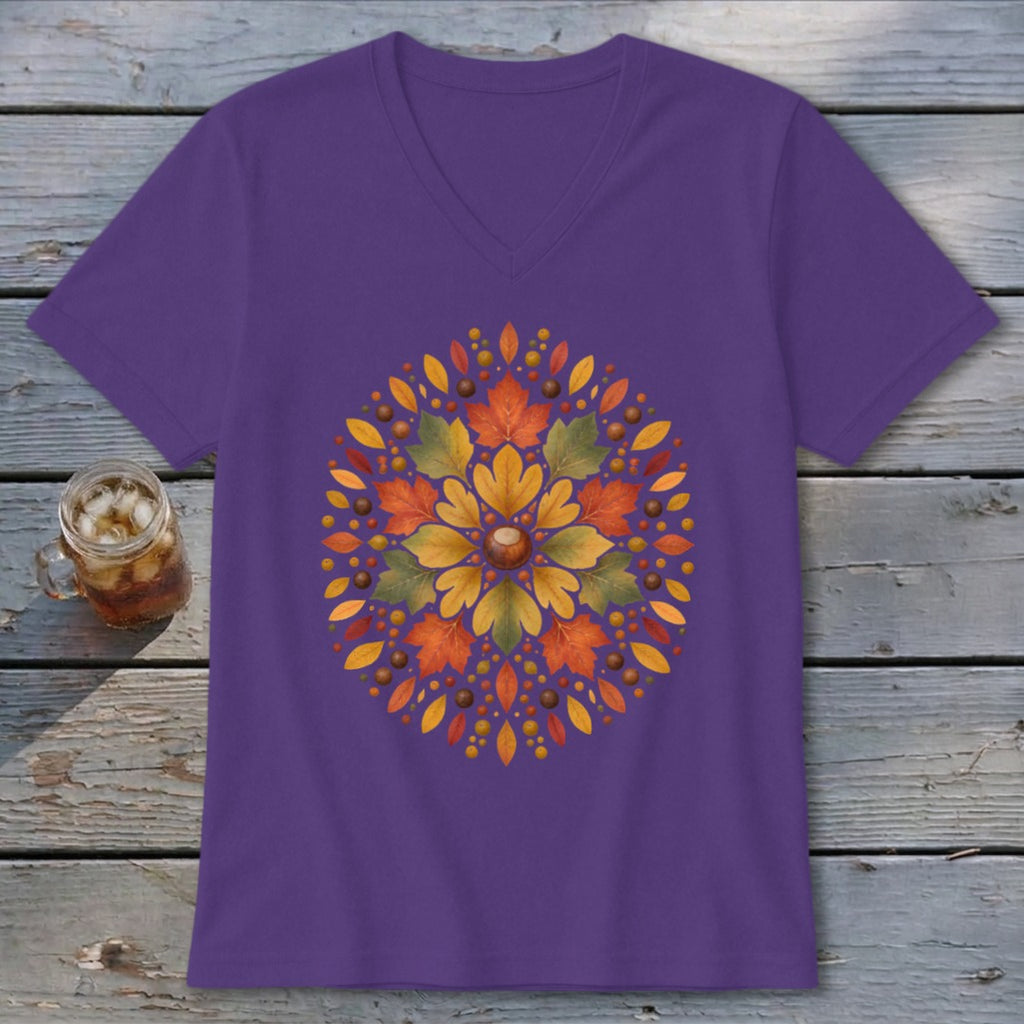 Purple v-neck t-shirt with a circular autumn leaf mandala design.