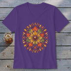 Purple v-neck t-shirt with a circular autumn leaf mandala design.