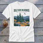 A white t-shirt featuring a green and blue graphic of Dolly Sods Wilderness, West Virginia Highlands.