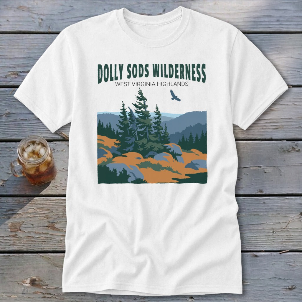 A white t-shirt featuring a green and blue graphic of Dolly Sods Wilderness, West Virginia Highlands.