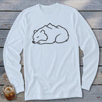 White long-sleeve t-shirt with a black outline of a sleeping bear with mountains on its back.