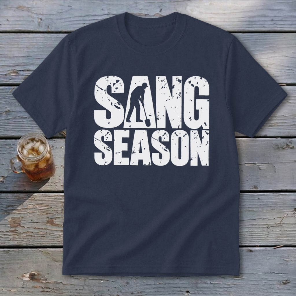 A navy blue short-sleeved t-shirt with the distressed white text SANG SEASON and a digging silhouette.