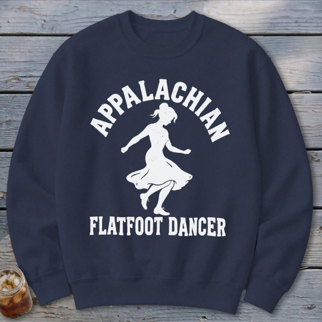 Dark blue crewneck sweatshirt featuring a white graphic of a dancer with Appalachian Flatfoot Dancer text.