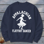 Dark blue crewneck sweatshirt featuring a white graphic of a dancer with Appalachian Flatfoot Dancer text.