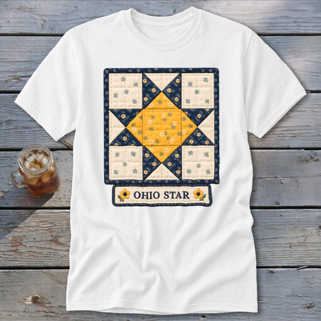 White t-shirt with a quilted Ohio Star block and text.