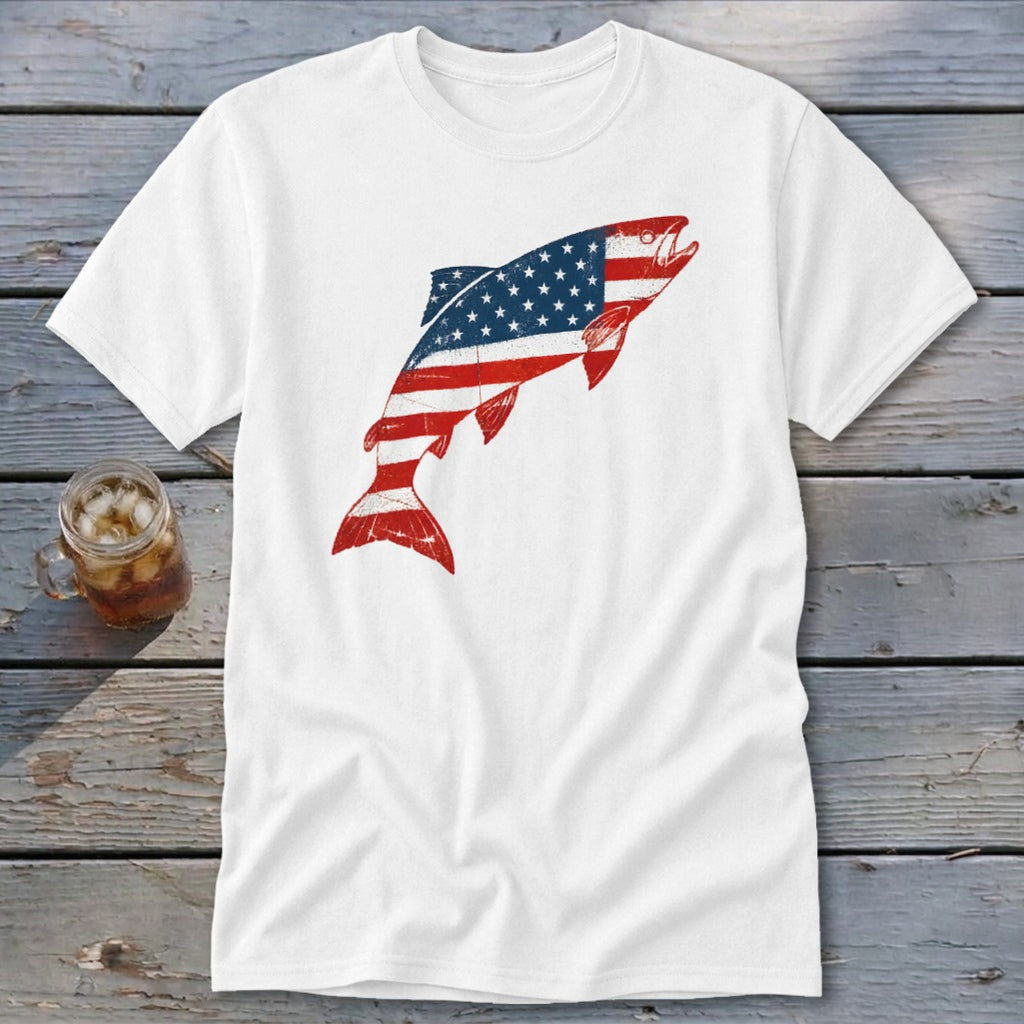 A white t-shirt featuring a distressed graphic of a jumping fish patterned with the American flag.