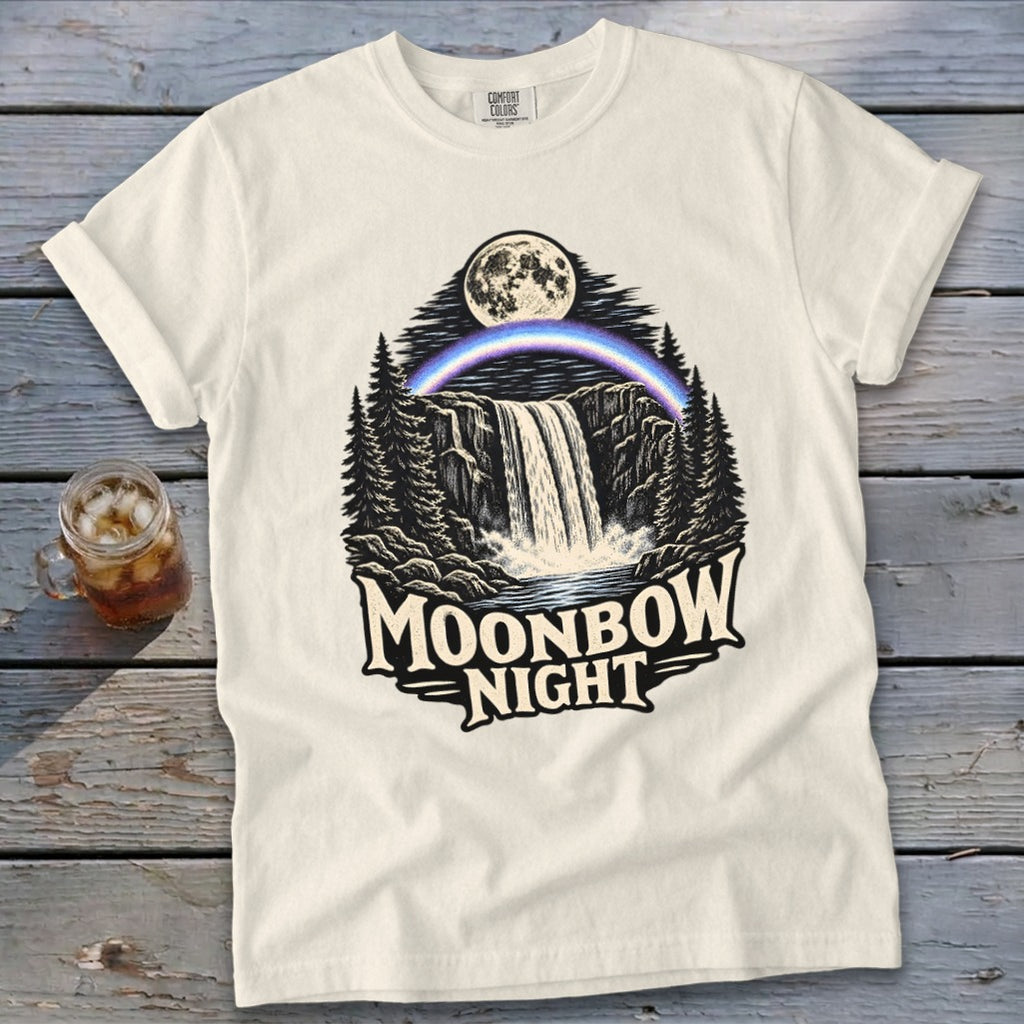Off-white t-shirt with waterfall, moon, moonbow, and text "Moonbow Night".