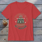Red v-neck t-shirt featuring a holiday beanie graphic with the text A TOBOGGAN IS FOR MY NOGGAN.