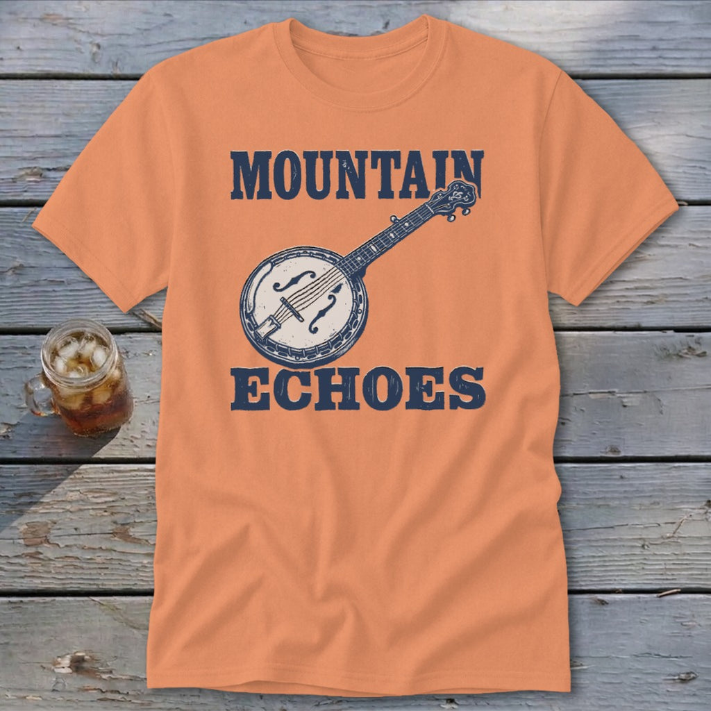 An orange t-shirt featuring a blue graphic of a banjo and the text Mountain Echoes.