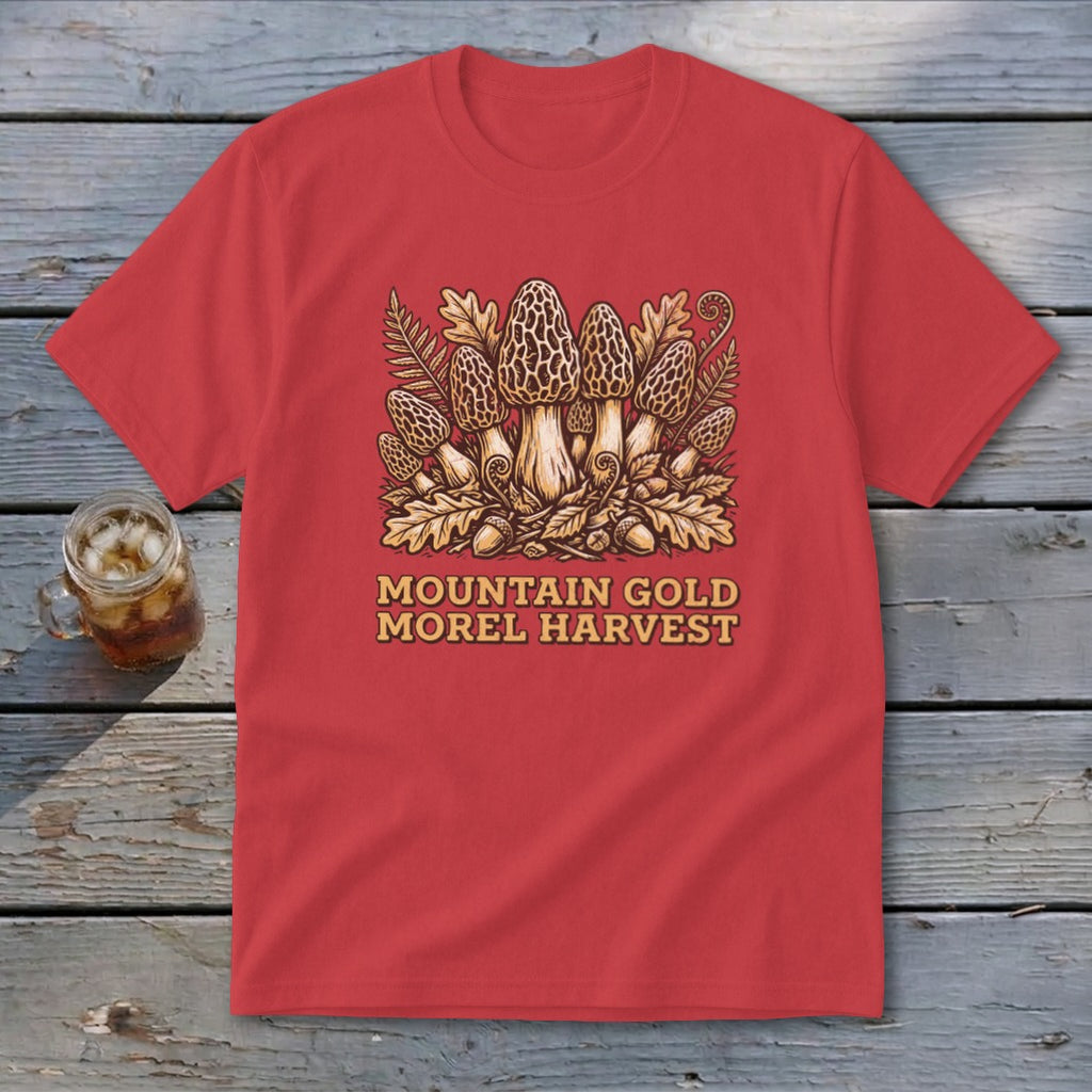 Red t-shirt with "Mountain Gold Morel Harvest" text and mushroom illustration.