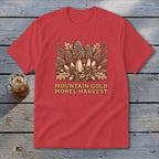 Red t-shirt with "Mountain Gold Morel Harvest" text and mushroom illustration.