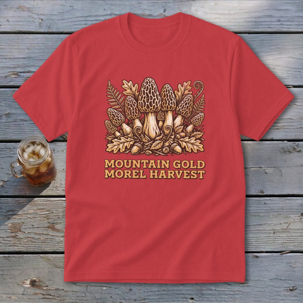 Red t-shirt with "Mountain Gold Morel Harvest" text and mushroom illustration.