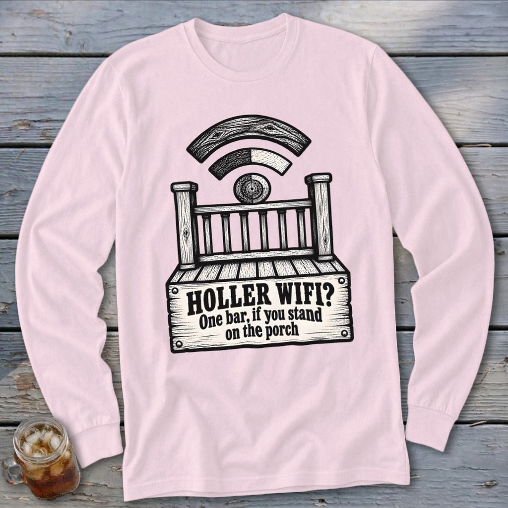 Light pink long-sleeve t-shirt with a black graphic of a porch and WiFi symbol.