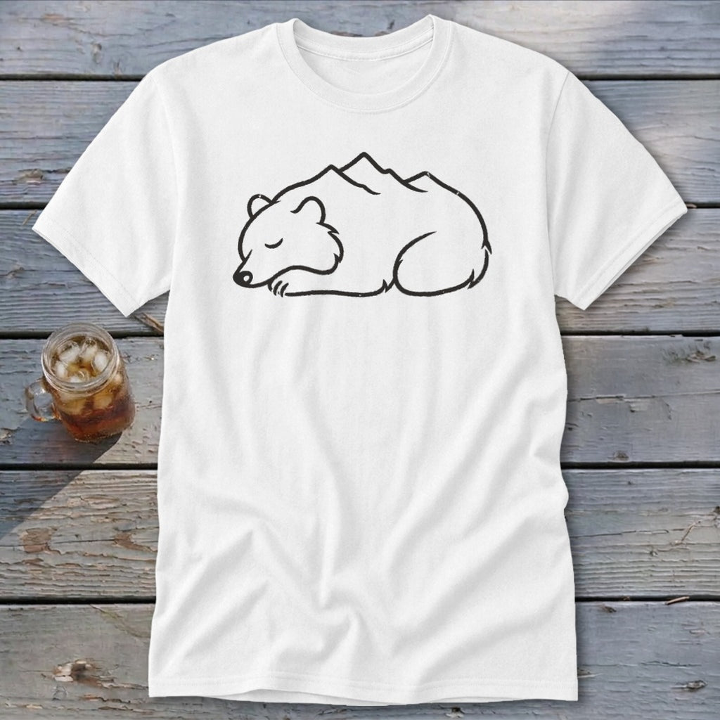 White t-shirt with black outline drawing of a sleeping bear with mountains on its back.