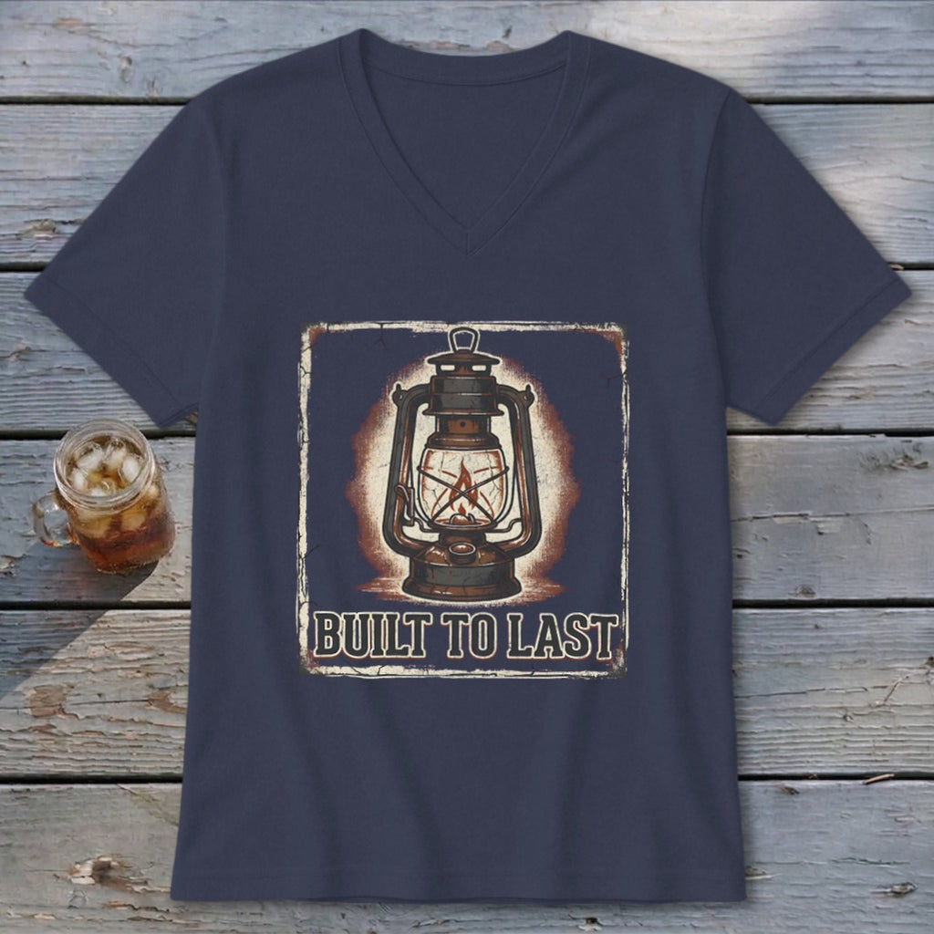 Navy v-neck t-shirt with vintage lantern graphic and text "BUILT TO LAST".