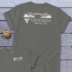 Gray t-shirt with white Vandalia Wealth bridge logo on back and front pocket area.