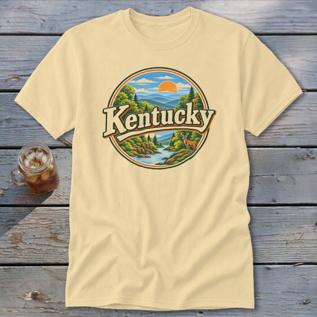 T-shirt with circular Kentucky landscape design featuring a deer and a river.