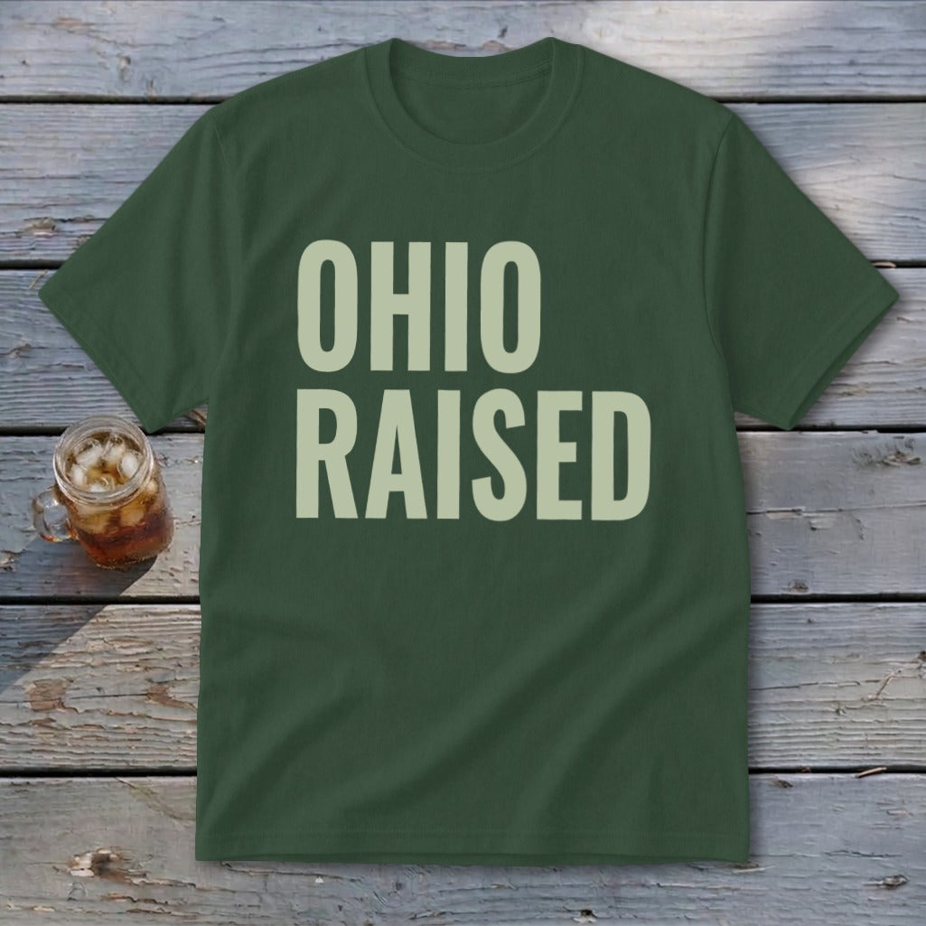 Green t-shirt with "OHIO RAISED" text in large, light-colored font.