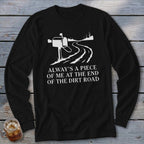 Black long sleeve shirt with white graphic of a mailbox and dirt road with text.