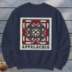 Navy blue crewneck sweatshirt featuring a square geometric quilt block graphic with the text Appalachia underneath.