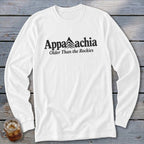 White long-sleeve shirt with "Appalachia Older Than the Rockies" text and mountain graphic.