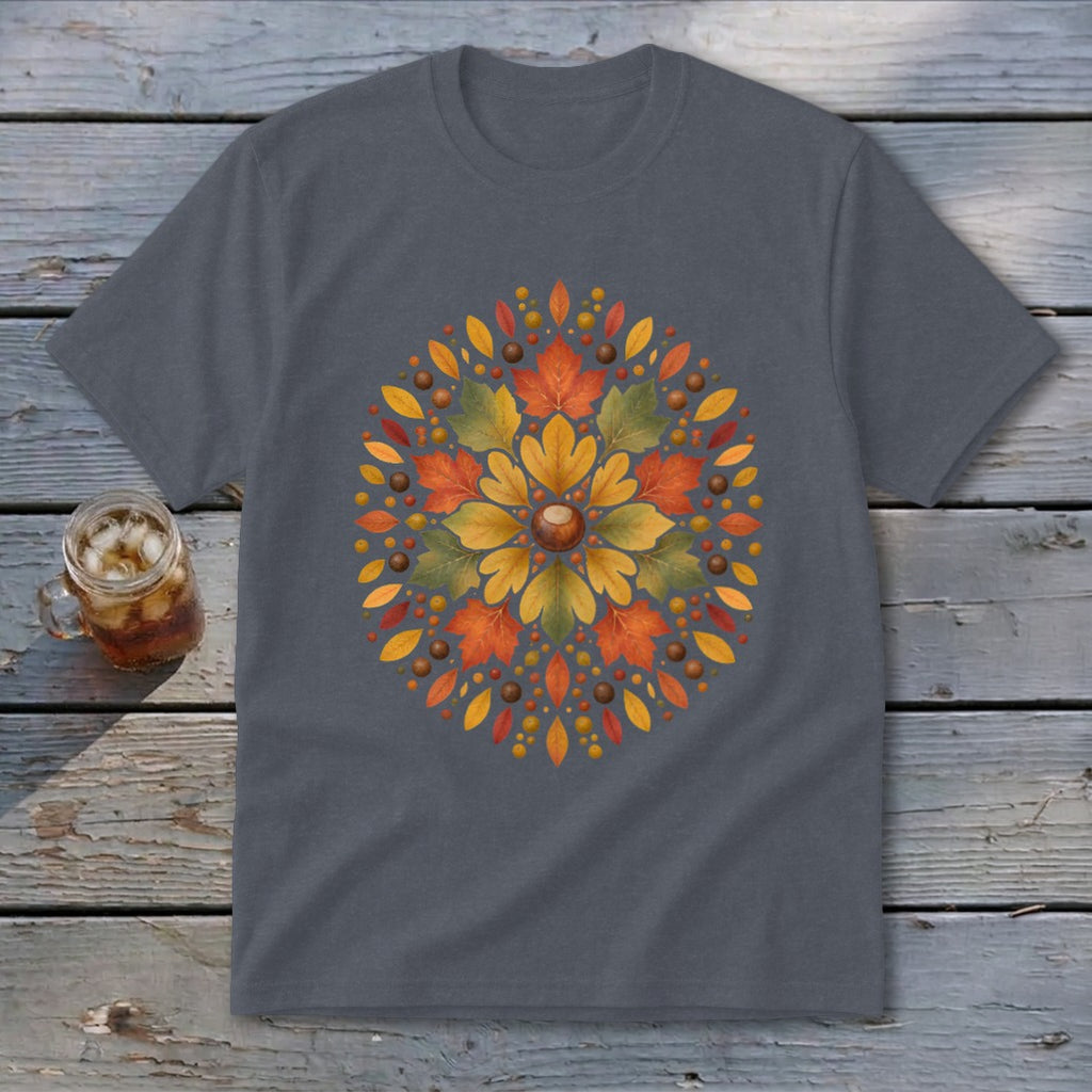 Dark gray t-shirt with a circular autumn leaf and acorn design.