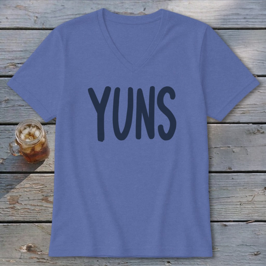 Periwinkle V-neck t-shirt with navy "YUNS" text.