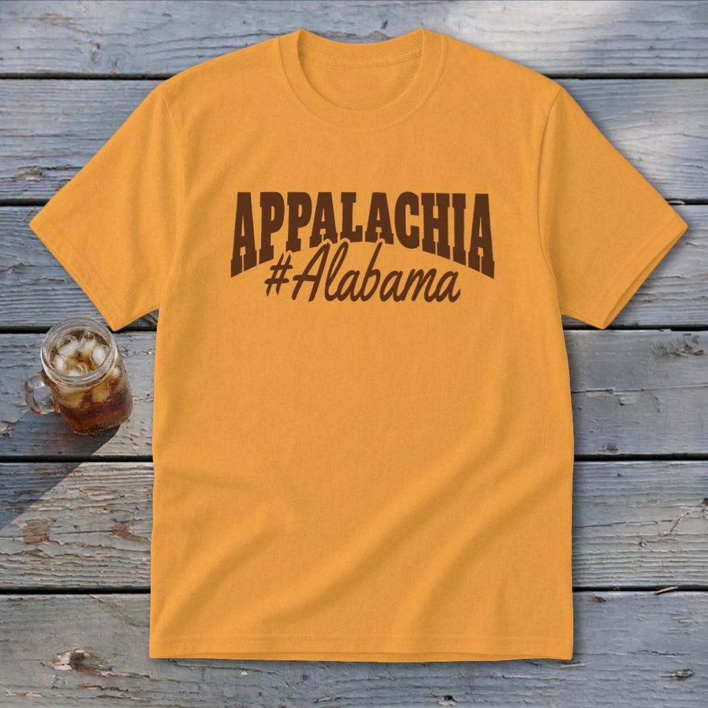 Orange t-shirt with "APPALACHIA #Alabama" printed in brown on the chest.