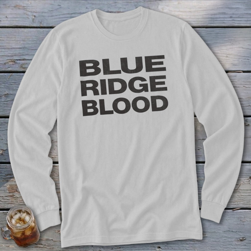 White long-sleeve shirt with black text "BLUE RIDGE BLOOD"