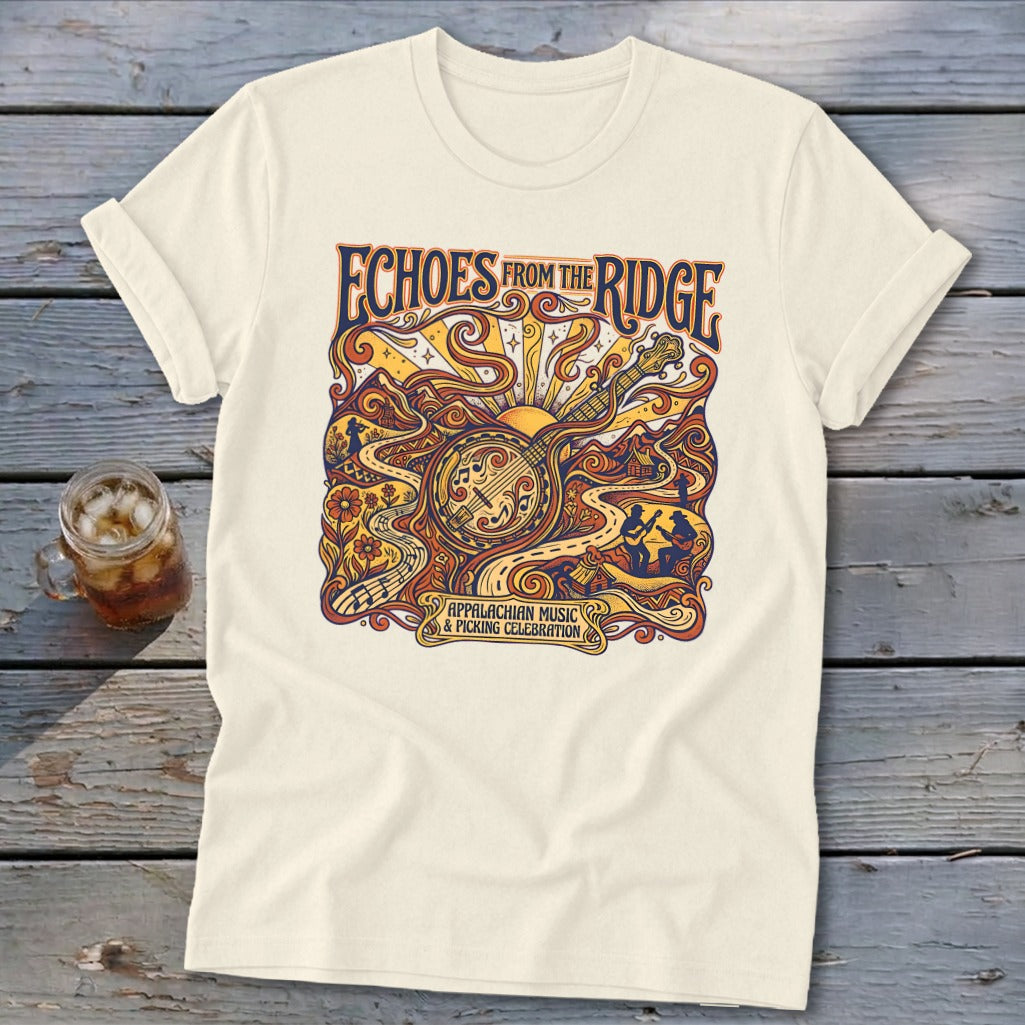 Cream t-shirt with "Echoes from the Ridge" and Appalachian music graphics.