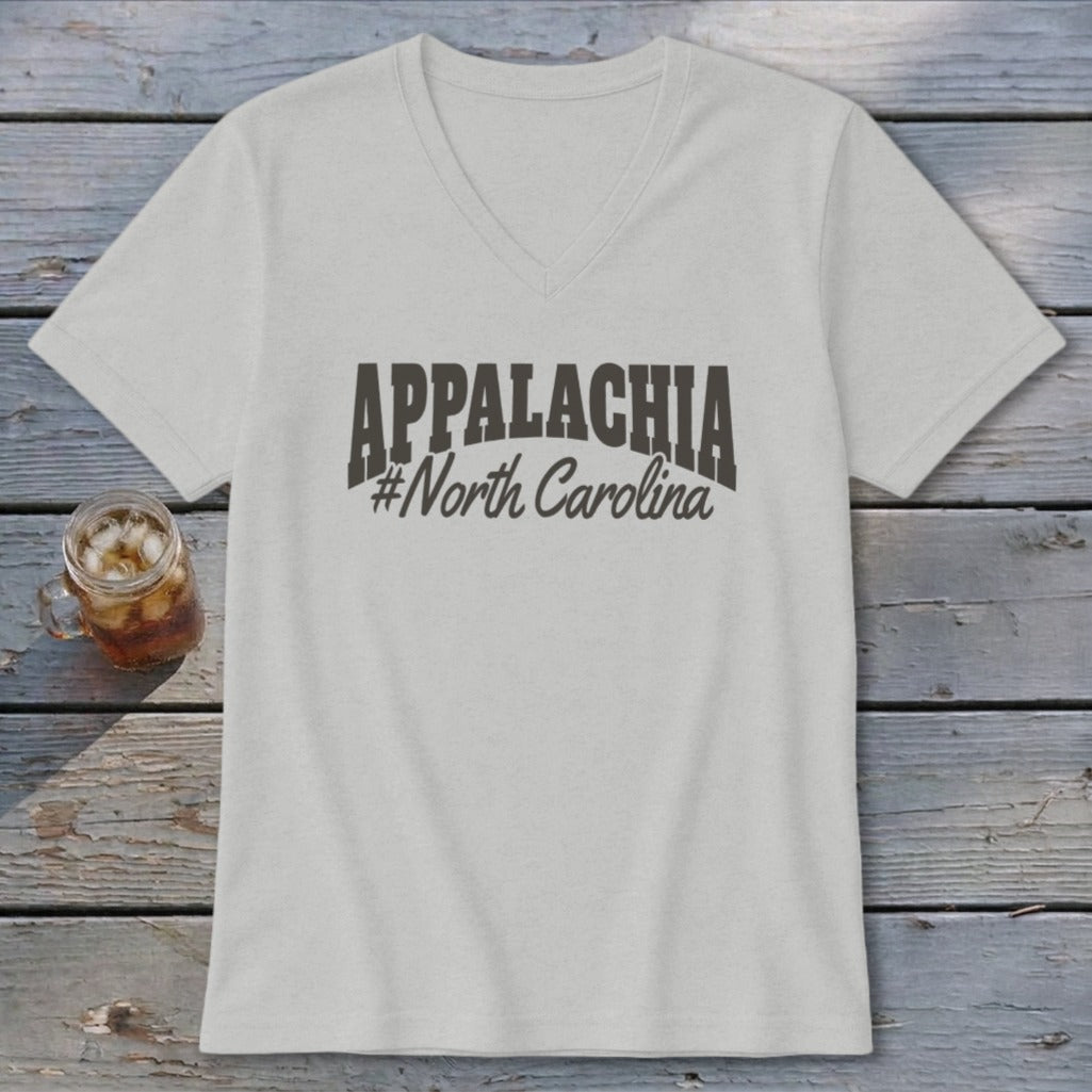 Light grey v-neck t-shirt with "APPALACHIA #North Carolina" graphic.