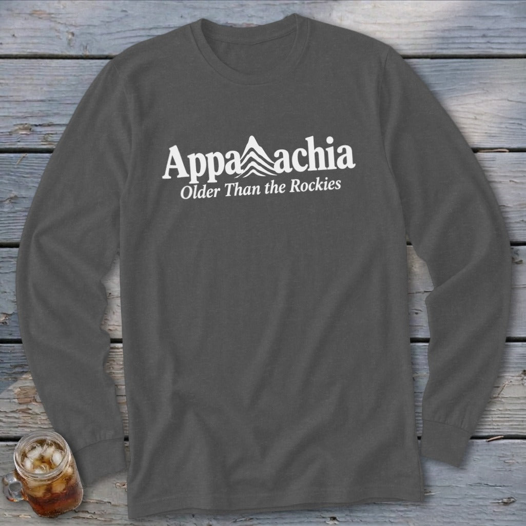 Long sleeve charcoal t-shirt with "Appalachia Older Than the Rockies" text.