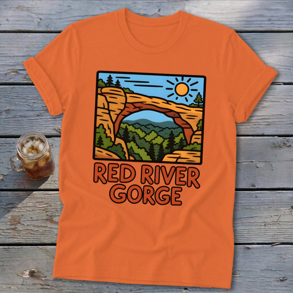 Orange t-shirt with Red River Gorge graphic featuring natural arch and trees.