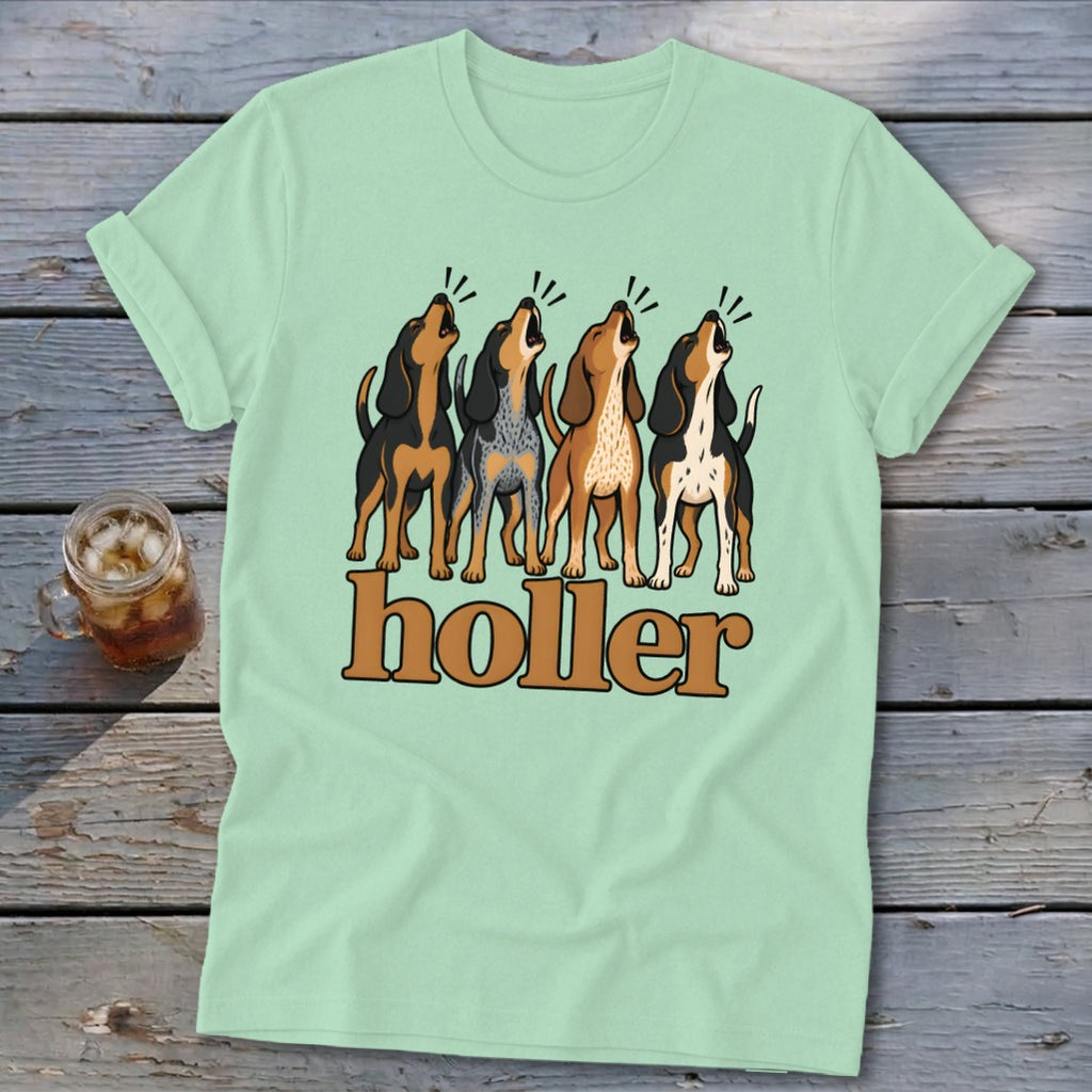 Four dogs howling with the word "holler" below.