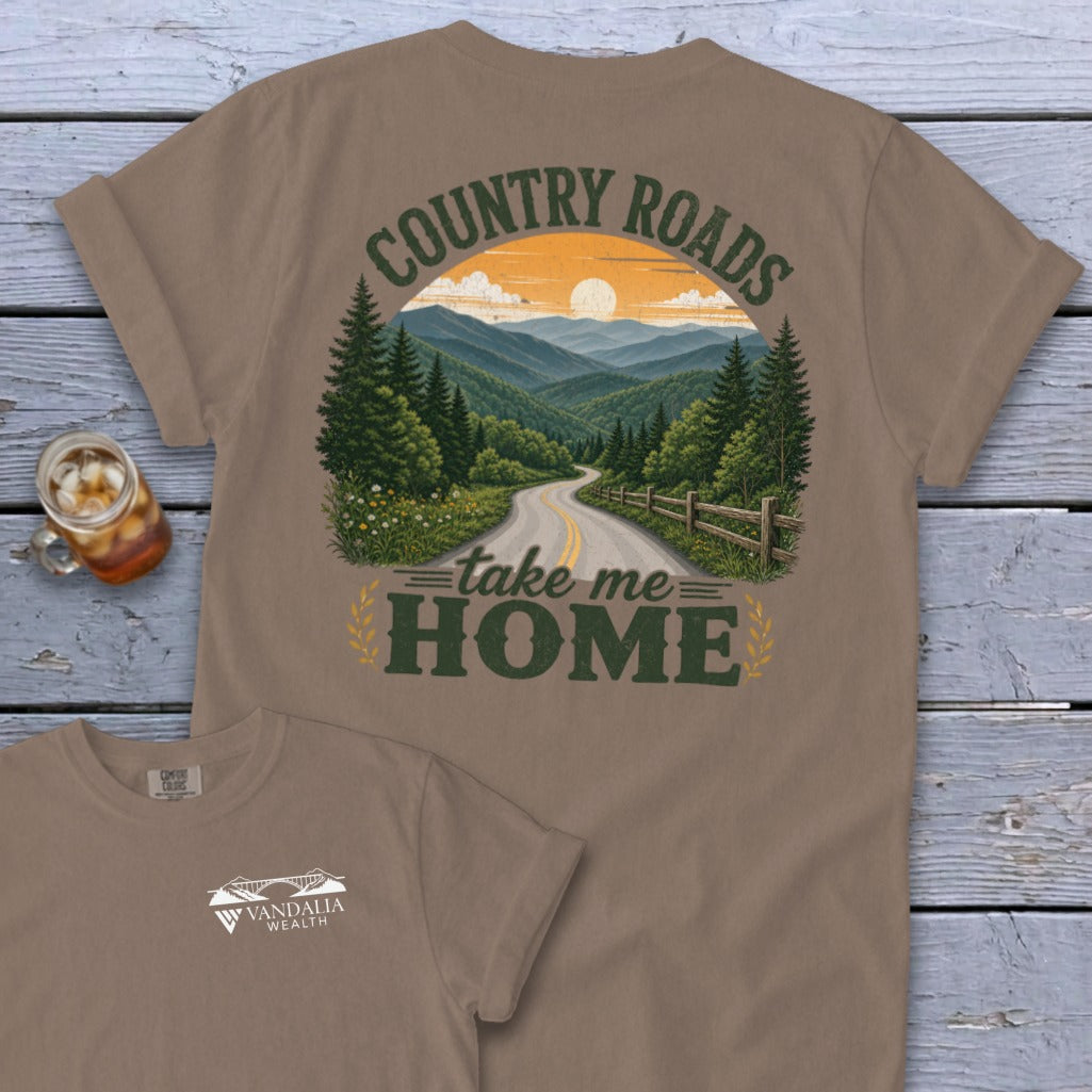 T-shirt with "Country Roads take me HOME" art of a winding road through mountains.