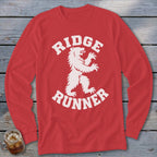 Red long sleeve shirt with white "Ridge Runner" text and bear graphic.