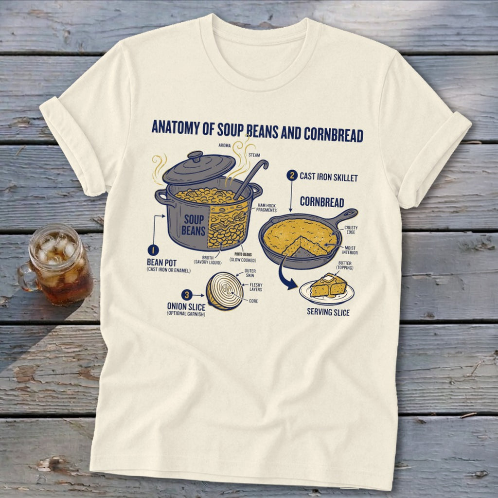 T-shirt graphic illustrating the anatomy of soup beans and cornbread.