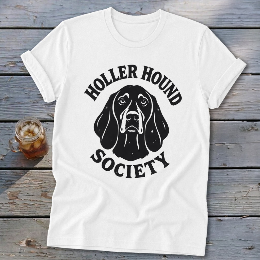 White t-shirt with black "Holler Hound Society" text and dog illustration.