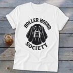 White t-shirt with black "Holler Hound Society" text and dog illustration.